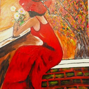 Toile La dame en rouge, femme assise sur le seuil, robe rouge lumineuse.